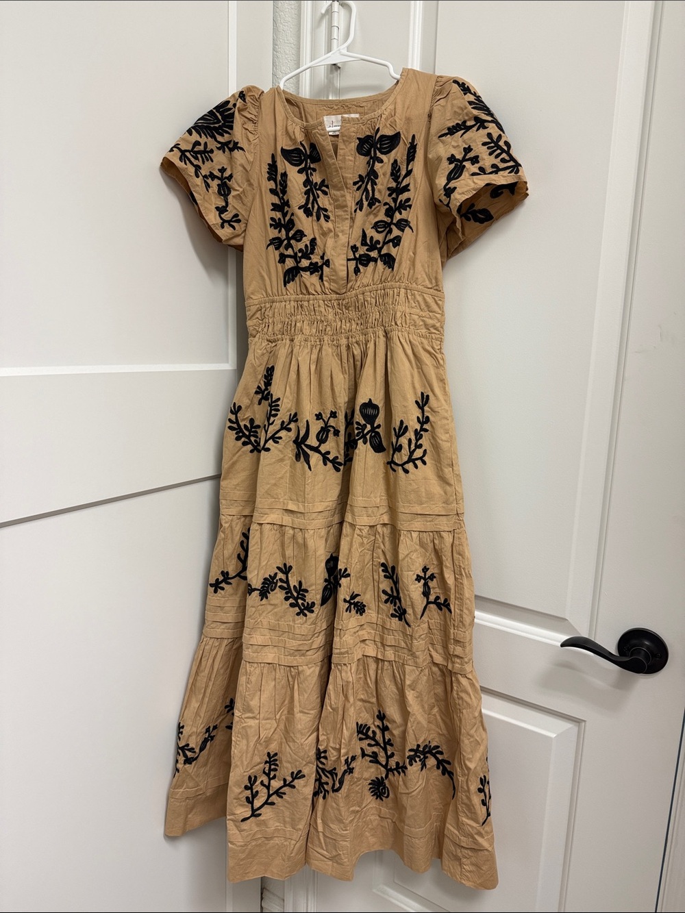 Anthropologie Somerset Tan Maxi Dress with Black Floral Embroidery